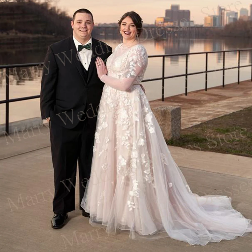 Elegante vestido De novia De corte en A para mujer, apliques encantadores, Vestidos De novia De encaje, manga larga, botón, tul