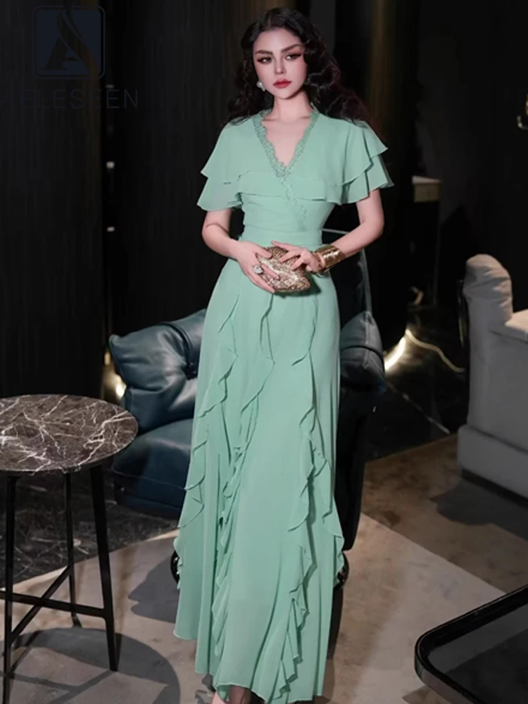 

AELESEEN Designer Fashion Summer Dress Women Elegant New V-Neck Flare Sleeve Lace Patchwork Ruffles Layers Green Purple Party