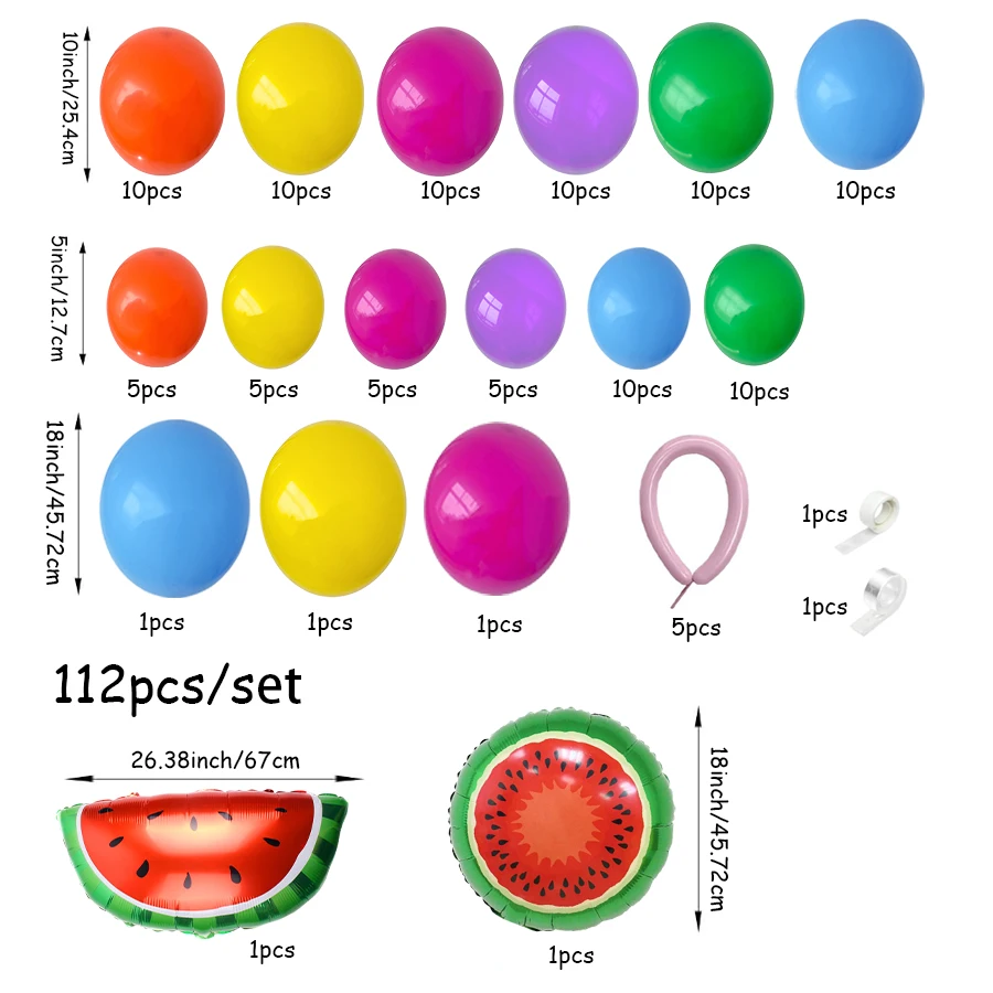 112Pcs Summer Watermelon Themed Balloon Arch Garland Set, Green Pink Blue Yellow Orange Balloons, Fruit Themed Birthday Wedding Seaside Pool Party Decorations