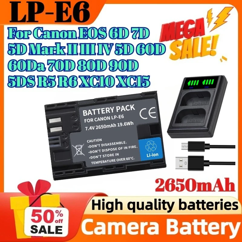

2650mAh LP-E6 Digital Battery for Canon EOS 6D 7D 5D Mark II III IV 5D 60D 60Da 70D 80D 90D 5DS R5 R6 XC10 XC15 Camera Battery