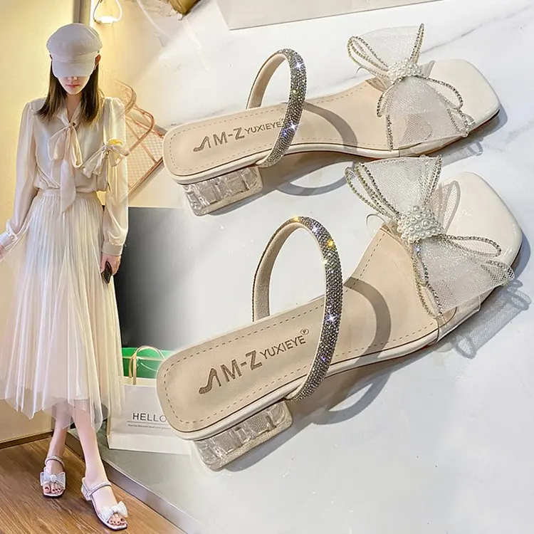 2023Summer Party Women's Slippers 3.5cm Fashion Elegant Rhinestone Lace High Heel Sandals Lady Square Head Transparent Slippers