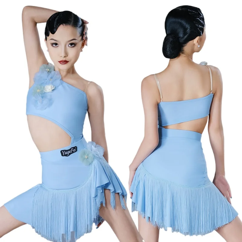 Abito da ballo latino da donna 2025 Abito da ballo con spalla obliqua fiore abito da allenamento professionale per danza standard nazionale