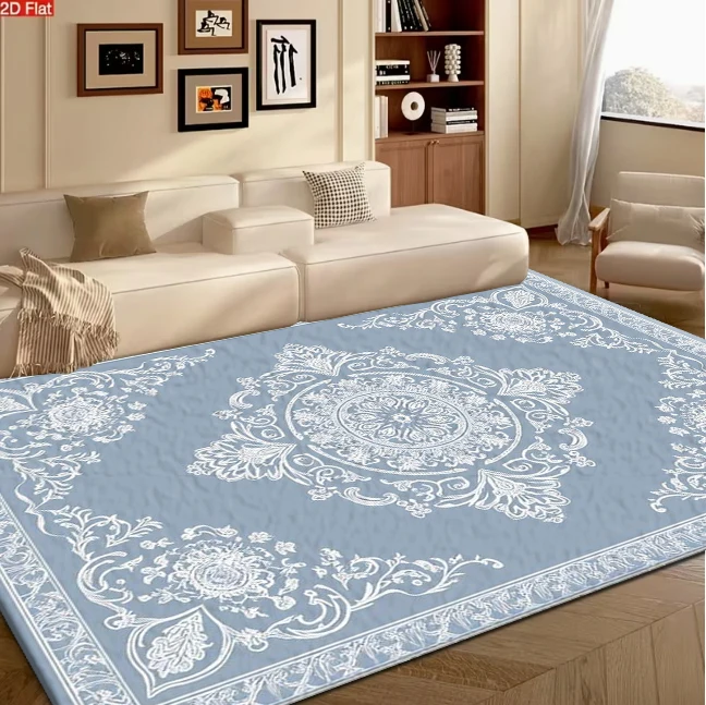 Light-Blue Base White Vintage Damask Medallion Carpet Flooring, Elegant European Classical Area Rug for Living Room Bedroom Home Interior