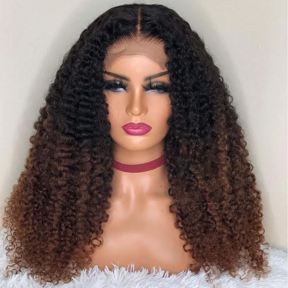Glueless Long Women's 26 Inch 180 Density Ombre Brown Color Kinky Curly Lace Front Wig Soft Preplucked with Baby Hair Synthetic