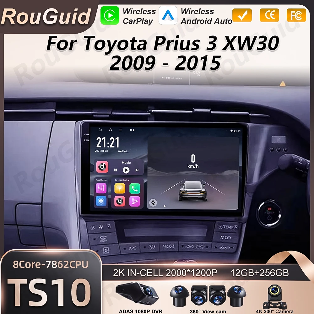 Android 16 Car Radio Carplay For Toyota Prius 3 XW30 2009 2010 2011- 2015 Multimedia Player 2k Touch Screen Wireless DVD Stereo