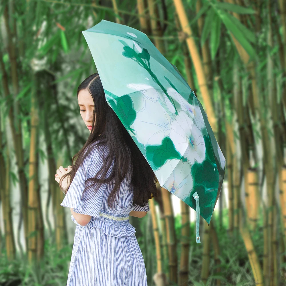 

Summer Green Morning Glory Butterfly Print Foldable UV Protection Waterproof Sun Rain Umbrella with Wooden Handle for Daily Use