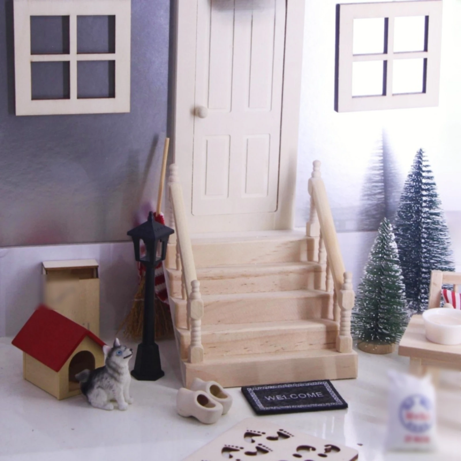 Wooden Dollhouse Staircase Turned Balusters Dollhouse Stairs Miniature Staircase Side Handrails Wood Stair Model Stepped Design
