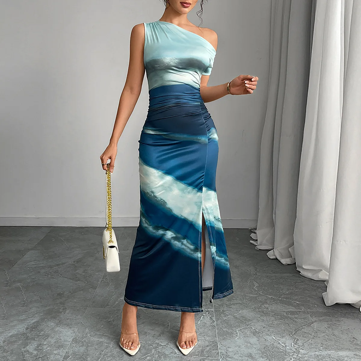 Summer Sleeveless Dress Slant Shoulder Print Slim-Fit One-Step Dress Women Vestidos