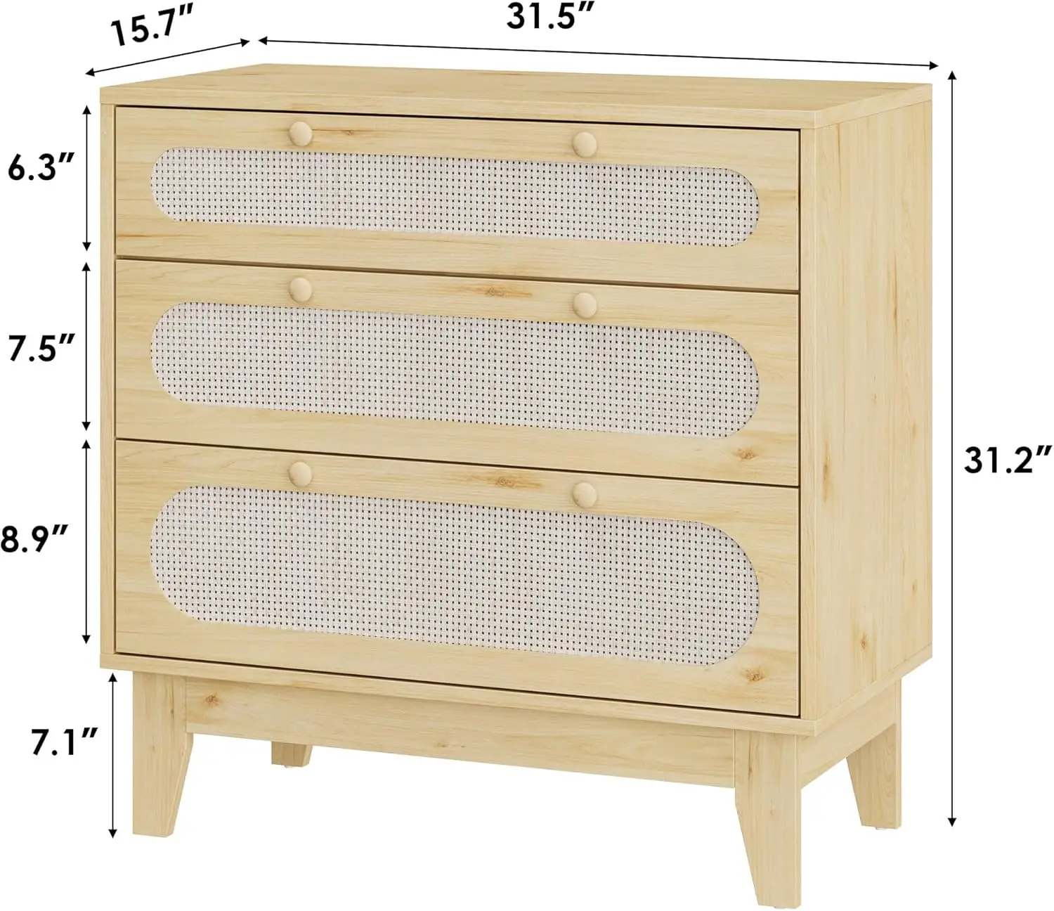 Cassettiera grande con 3 cassetti portaoggetti in rattan per camera da letto, cassettiera moderna naturale con kit antiribaltamento in legno, cabina portaoggetti in rattan