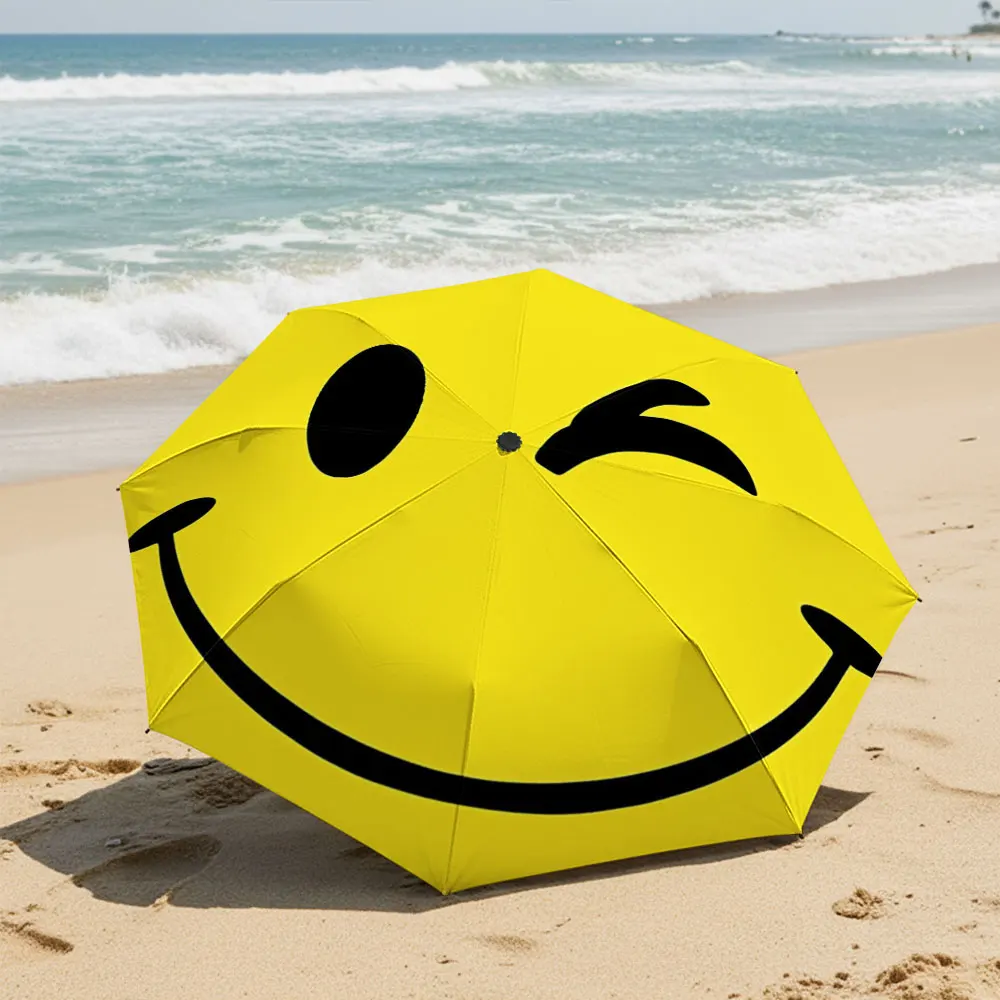 Cheerful Yellow Smiley Face Design Umbrella Compact Fashion Folding Umbrella for Daily Use, Christmas Gift