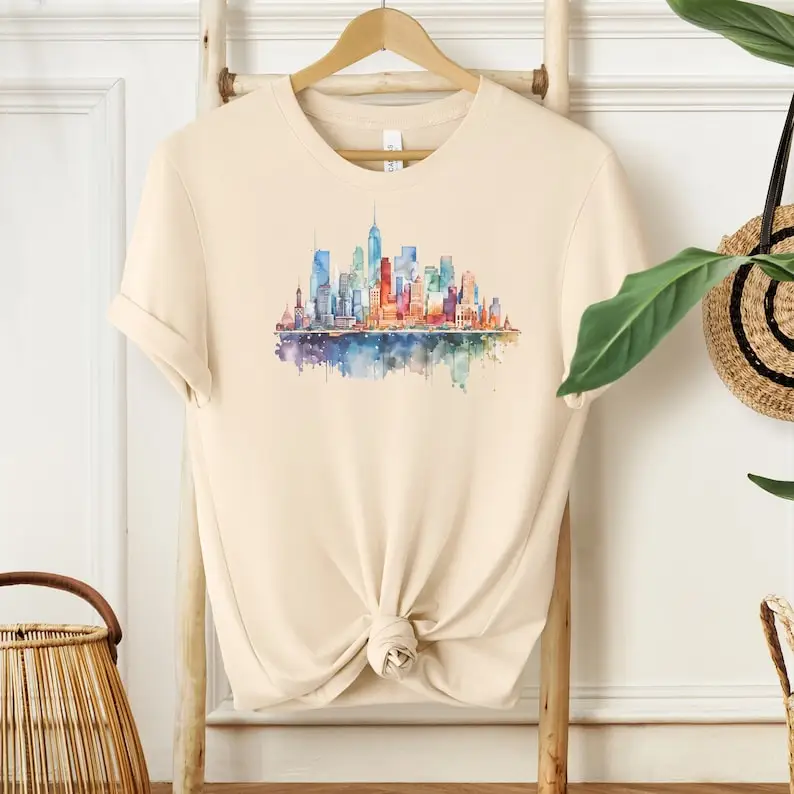 

Colorful Watercolor City Skyline T-Shirt Artistic Urban Landscape Unique Gift for Travelers Sweatshirt