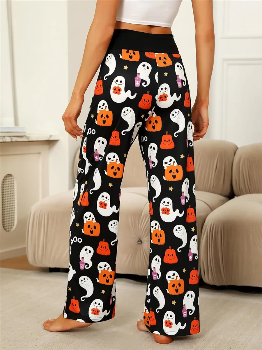 Dames Halloween Pyjama Broek Elastische Hoge Taille Wijde Pijpen Palazzo Lounge Broek Dames Trekkoord Broek Voor Streetwear