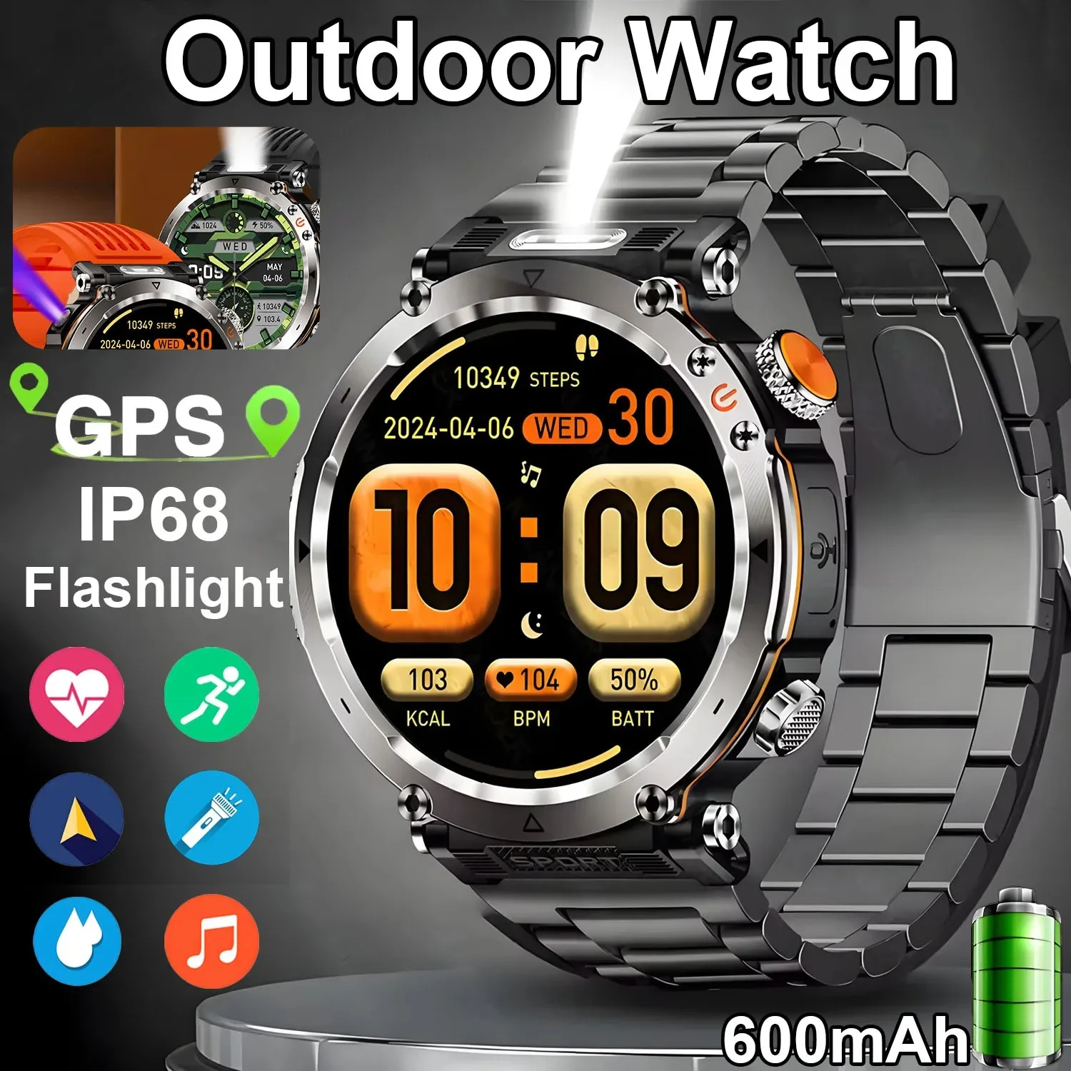 5ATM مقاوم للماء ساعة ذكية الرجال 600mAh في الهواء الطلق SmartWatch GPS البوصلة معدل ضربات القلب مصباح ليد جيب بلوتوث دعوة الرياضة Smartwatch