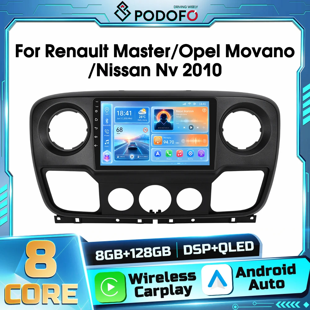 Podofo – radio samochodowe z systemem Android, obsługujące sterowanie głosowe AI, model 2DIN, przeznaczone do samochodów Renault Master, OPEL Movano i Nissan NV400 (rocznik 2010), z nawigacją GPS,
