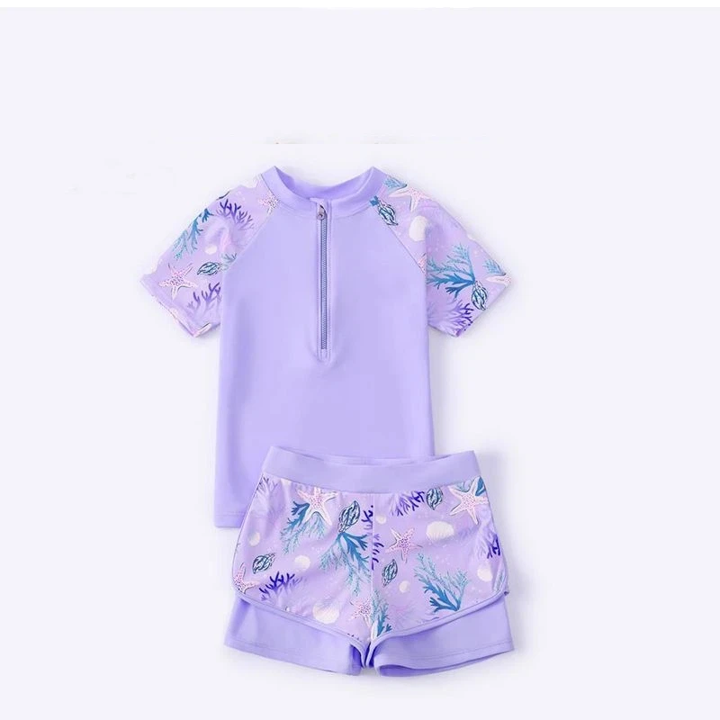 

Two-Pieces Suits Summer Beach Clothes Kids Short-sleeve Swimsuit Fwimming Pool Clothes Double Layers Shorts Girls Swimwear