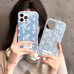 Korean Denim Embroidered Stars Phone Case For iPhone 16 Pro 14 13 15 Pro Max Back Cover Cute Fabric Soft Cases For Apple 14pro
