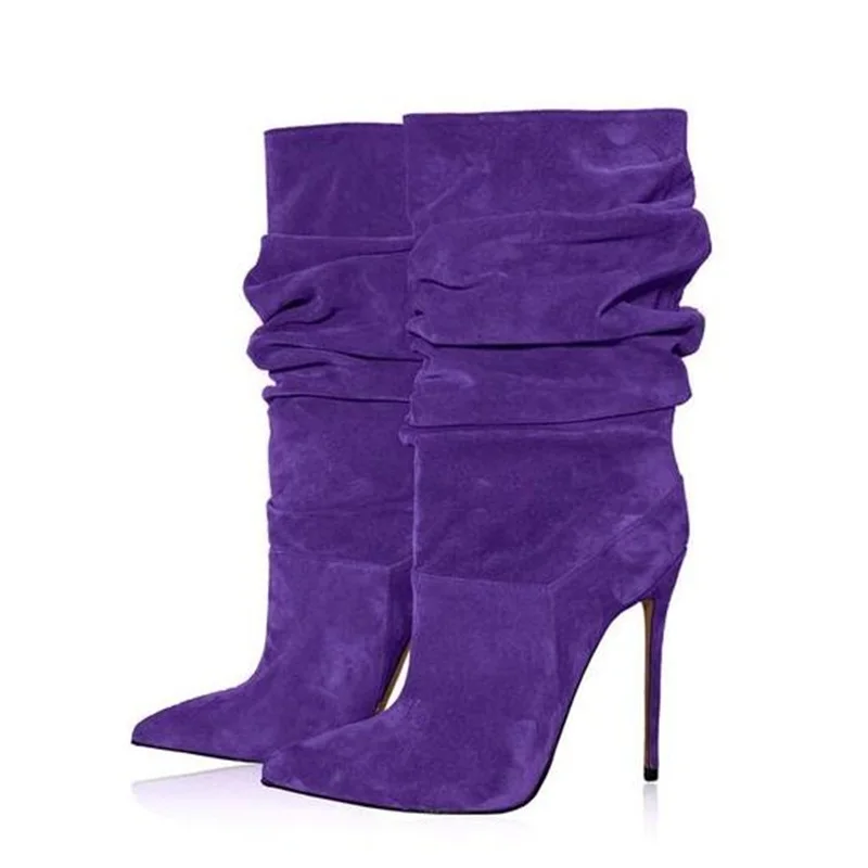 

Modern Pleated Boots Purple Suede Pointed Toe Stiletto High Heels Woman Mid Calf Boots Slip On Stretch Fabric Fashion Footwear