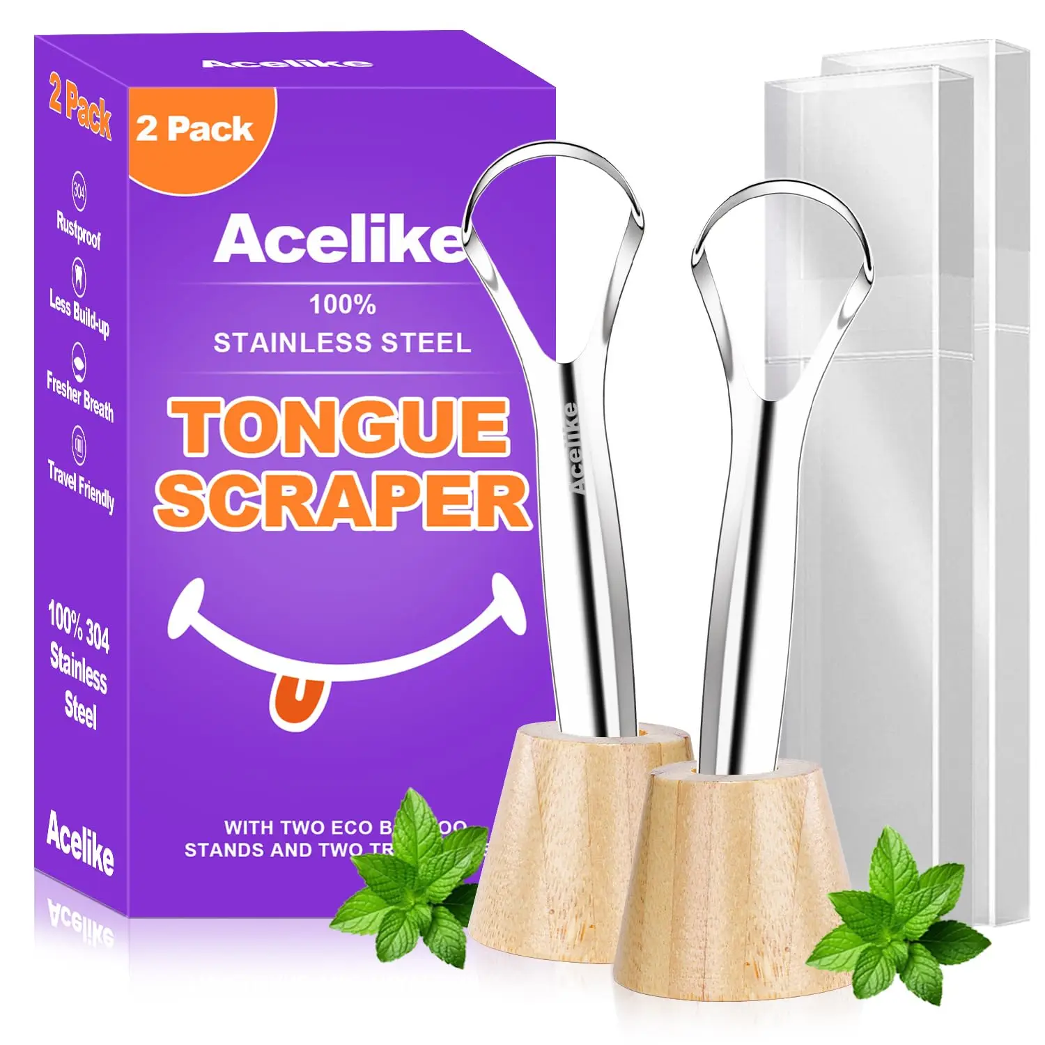 

2-Pack Stainless Steel Tongue Scrapers with Bamboo Holders & Travel Cases for Fresh Breath, Oral Care