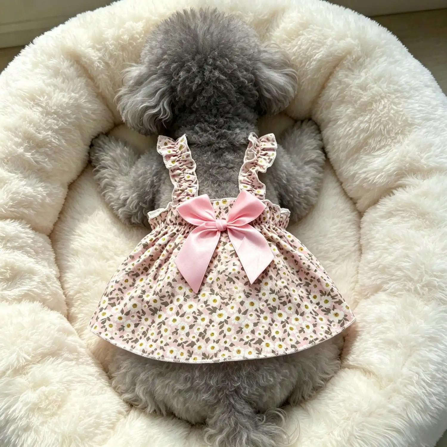 Sommerkleid für Haustiere, ärmellos, mit Blumenmuster, Rüschenriemen, großer Schleife als Dekoration für kleine Hunde, für den täglichen Gebrauch und Partys. – Detail 30