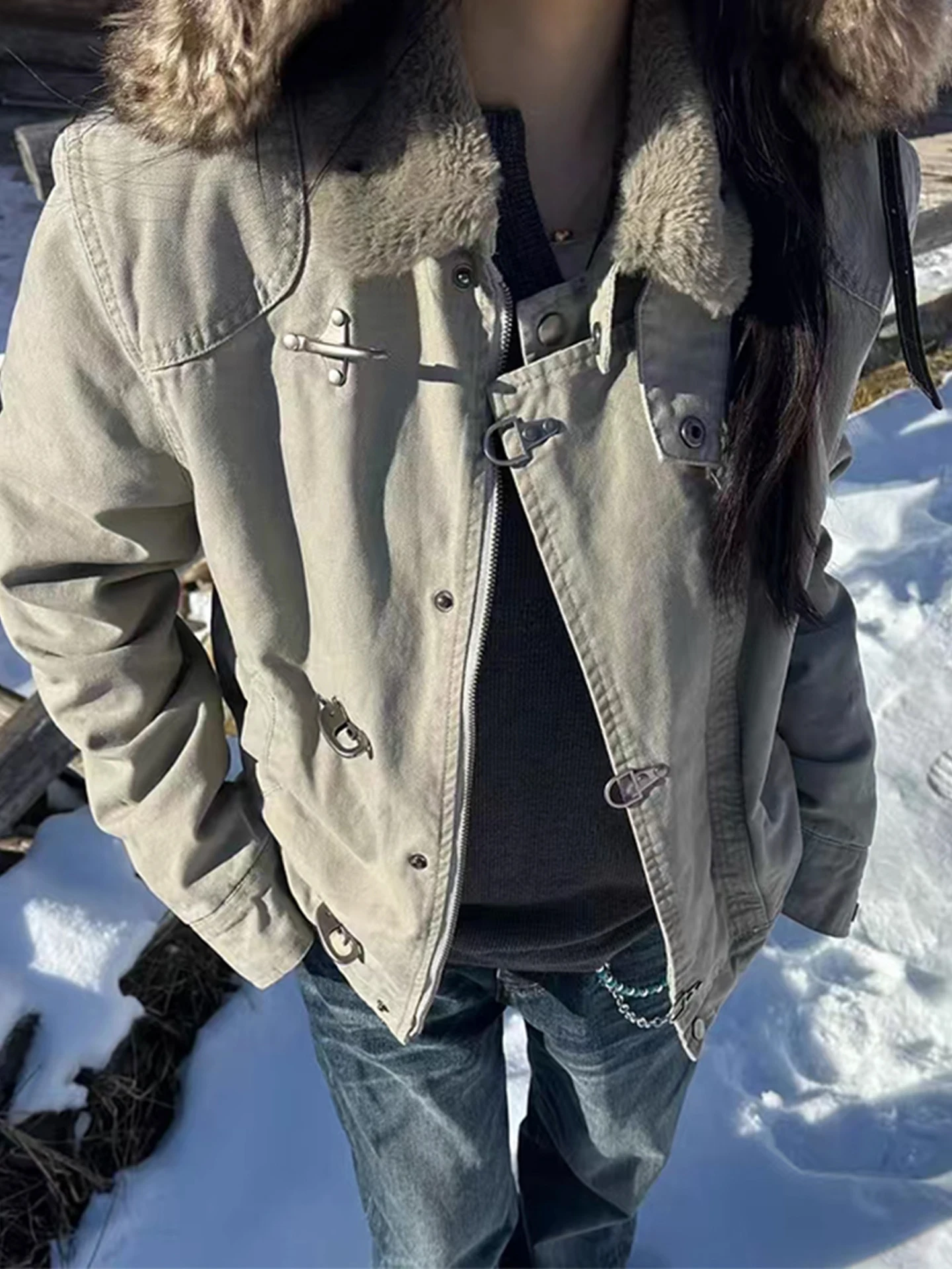 

Retro American Sle Thiened Cotton Jaet Men's Winter Coat with Fur Collar Mountain Eagle Pattern Zipper Closure Warmth