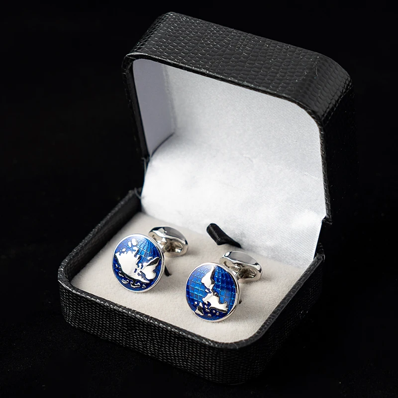 Fashion Earth Globe Cufflinks Classic Blue Enamel Round World Map Cuff Links For Men Jewelry French Shirt Business Wedding Gift