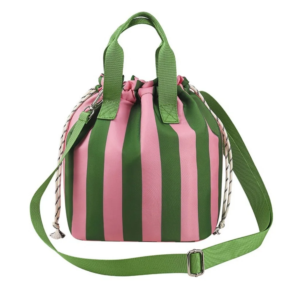 Color Block Drawstring Lunch Box Bag Striped Aluminum Foil Liner Picnic Bag Drawstring Adjustable Detachable Shoulder Strap