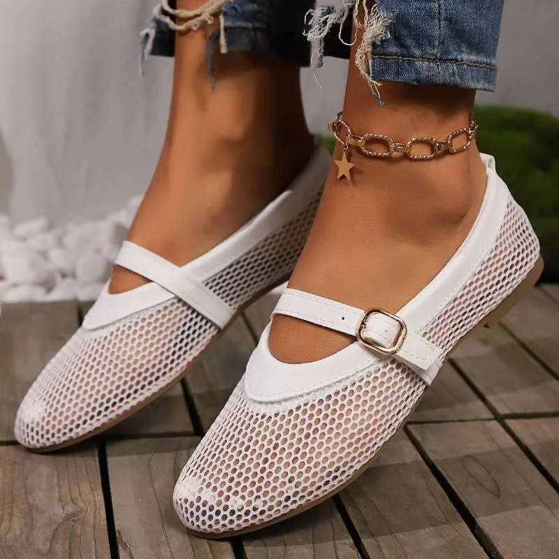 Round head one buckle strap ballet shoes women's soft bottom flat hollow Mary Jane single fishing net shoes image 2