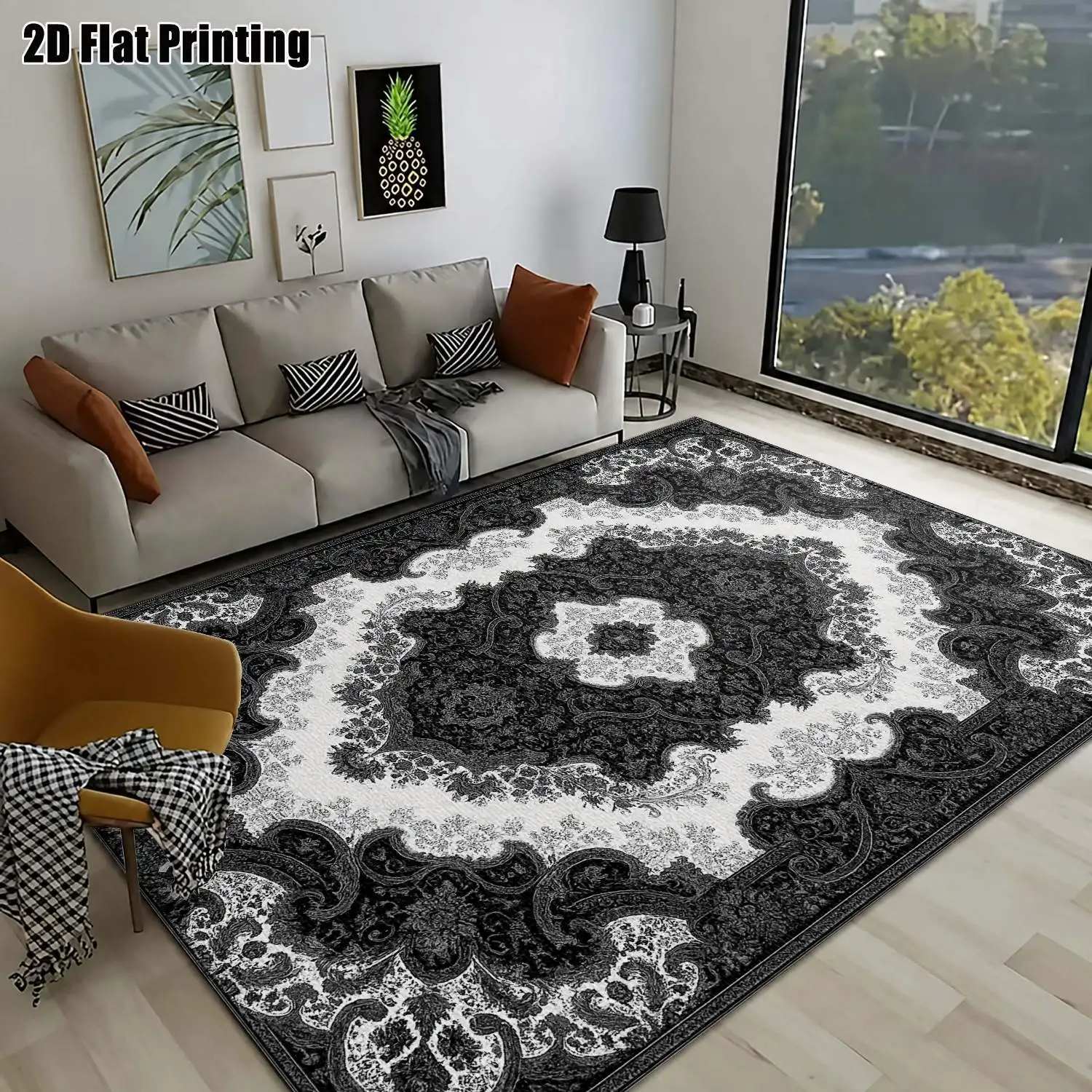1Pc 2D Printed Black-White Classic Geometric Carpet: Vintage, European & Minimalist Style, Multi-Size, Machine Washable, Ideal for Home Decor, Entryway, Living Room, Bedroom, Dining Room & Foyer