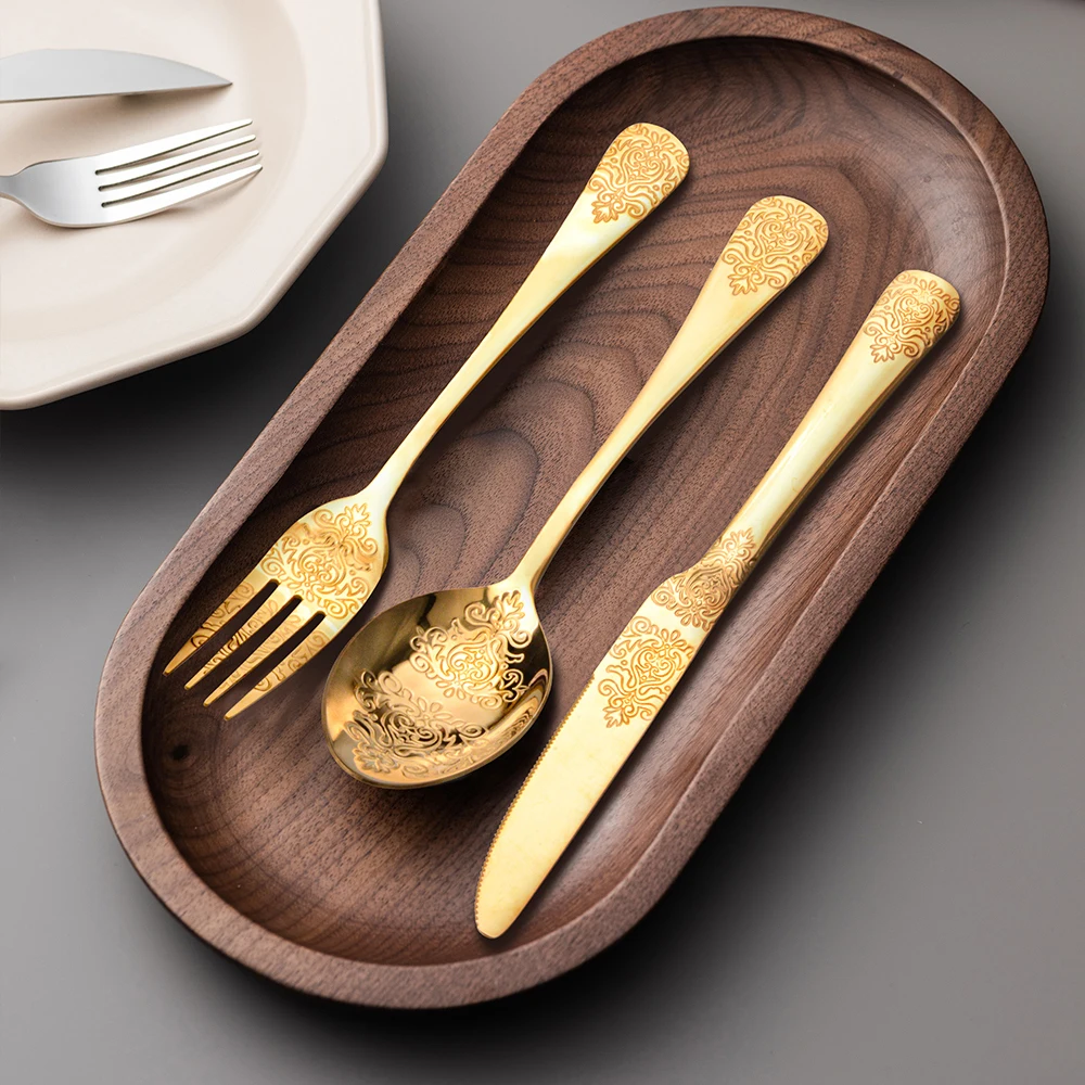 1/2/4/8/24 Pcs Gold Luxury Cutlery Sets Fork Spoon Knife Silverware Kit Vintage Carved Tableware Set European Dinnerware