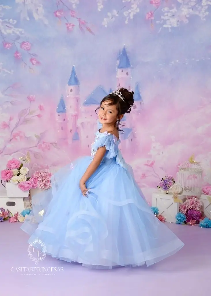 Princess Blue Flower Girl Dresses Ball Gown Little Baby Toddle Girl Christmas Pageant Birthday Ball Gowns Christening Dress