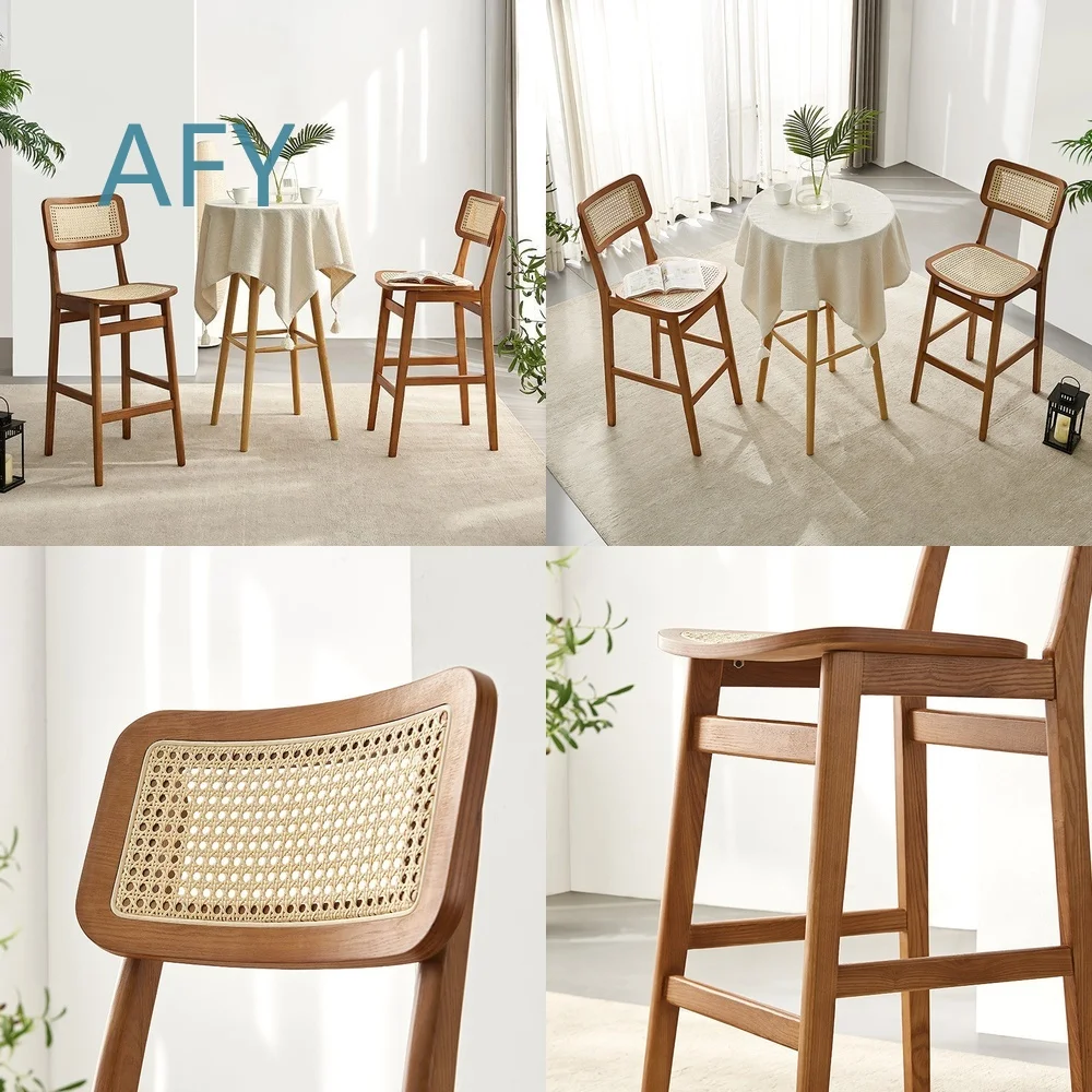 Nordic Style Solid Wood Wicker Bar Stool with Backrest for Home Kitchen Island Dining Table Chair Vintage Rattan High Back