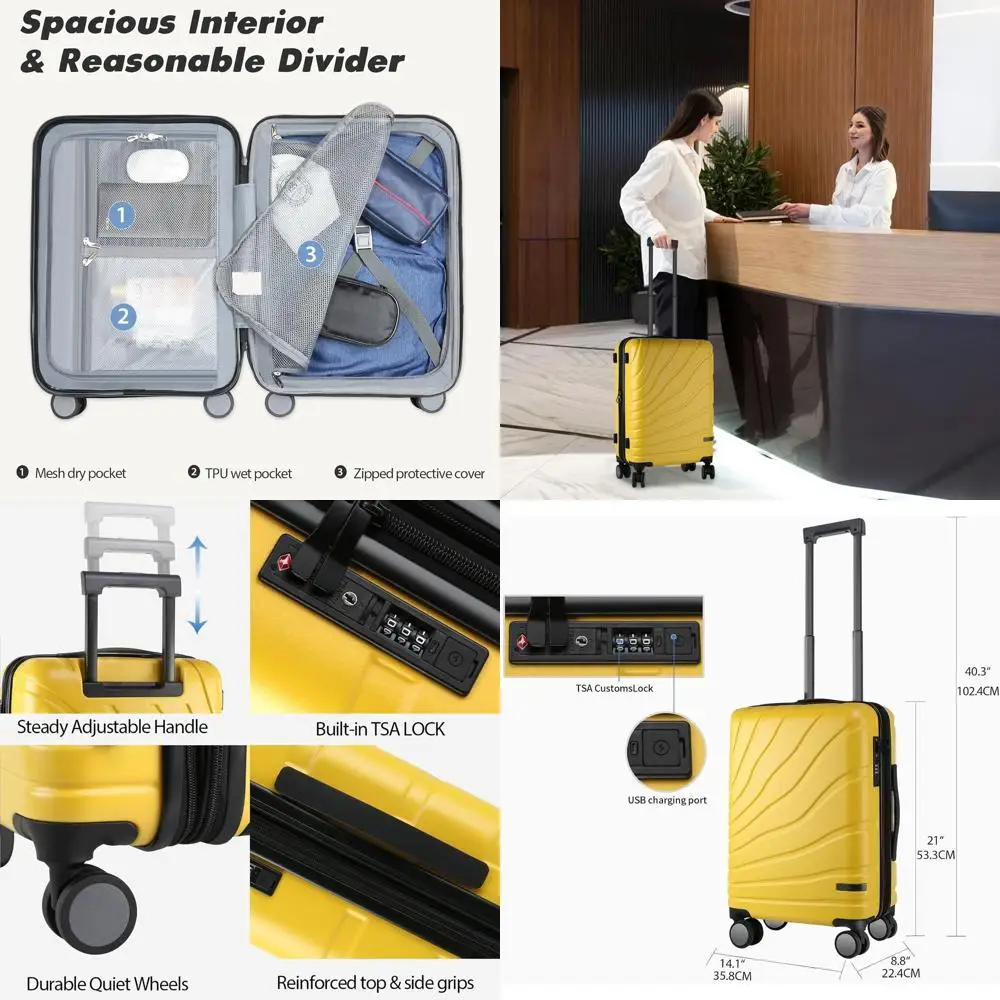 

20 Inch Yellow Expandable Hard Shell Spinner Luggage with TSA Lock, Airline Approved for Carry-On