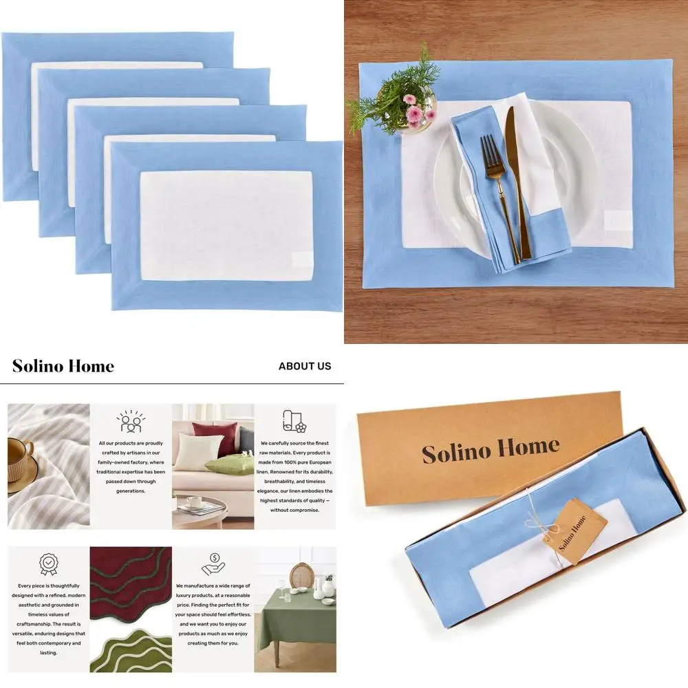 

Set of 4 Pure Linen Placemats - 14x19 Cornflower Blue & White, Handcrafted, Machine Washable