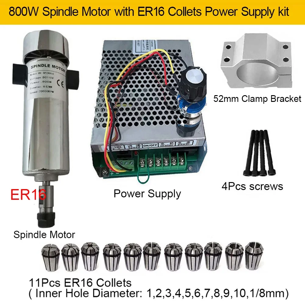 CNC Spindle Motor Power Supply Kit DC 24V 48V 110V 200W 300W 500W 800W  ER11 ER16 for CNC Router Acrylic ABS Engraving Machine