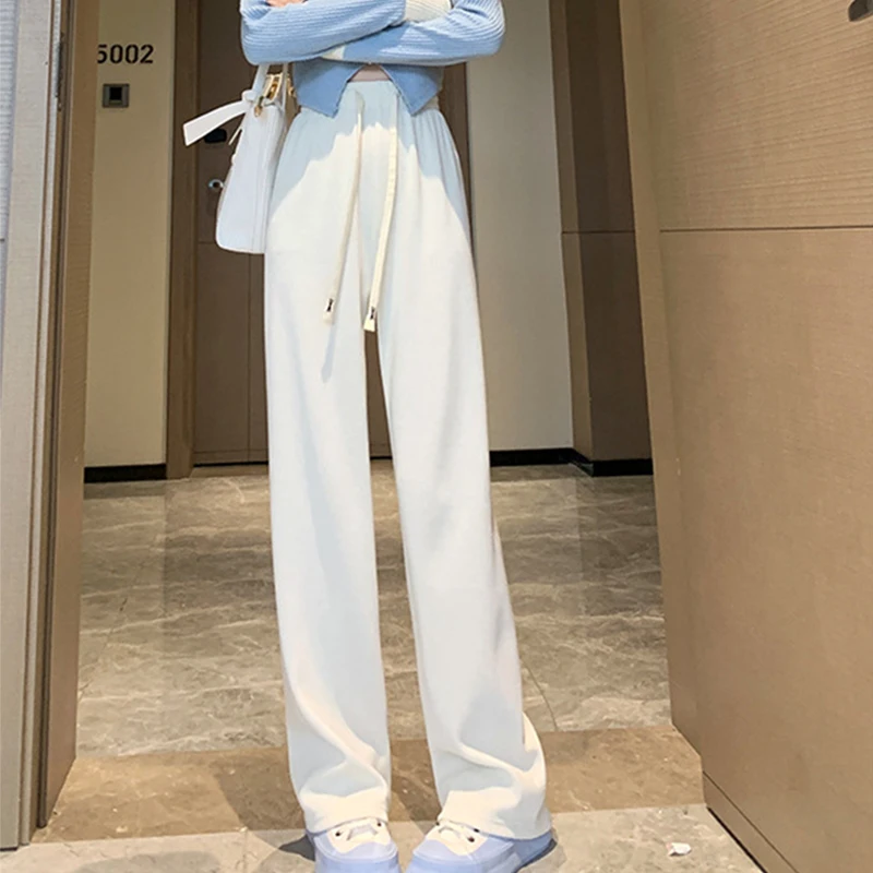 Losse Corduroy Wijde Pijpen Broek Vrouwen Herfst Winter Effen Kleur Hoge Taille Broek Vrouw Casual Trekkoord Gebreide Broek Vrouwelijke