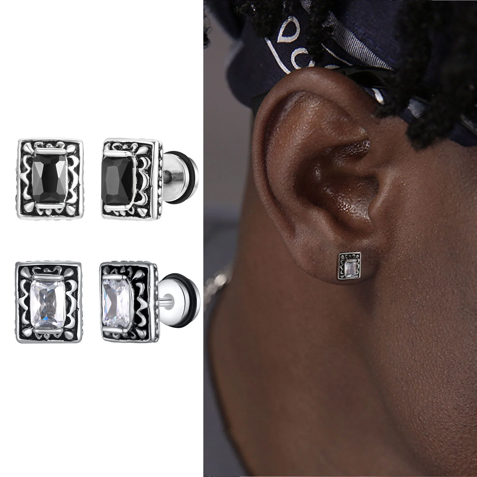 Gothic Square Stud Earrings for Men Boys, Retro Textured AAA Big CZ Stone Inlayed Earrings,Party Birthday Gift for Dad BBF