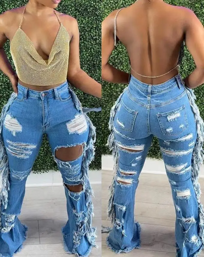 

Pants for Women 2023 Denim Fashion Daily High Waist Ripped Cutout Fringe Casual Jeans All-Match