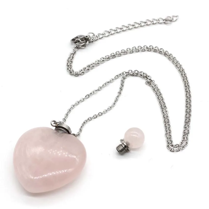 Charms Natural Rose Quartz Stone Perfume Diffuser Pendant Necklace for Women Healing Crystal Heart Choice Men Jewelry Gifts