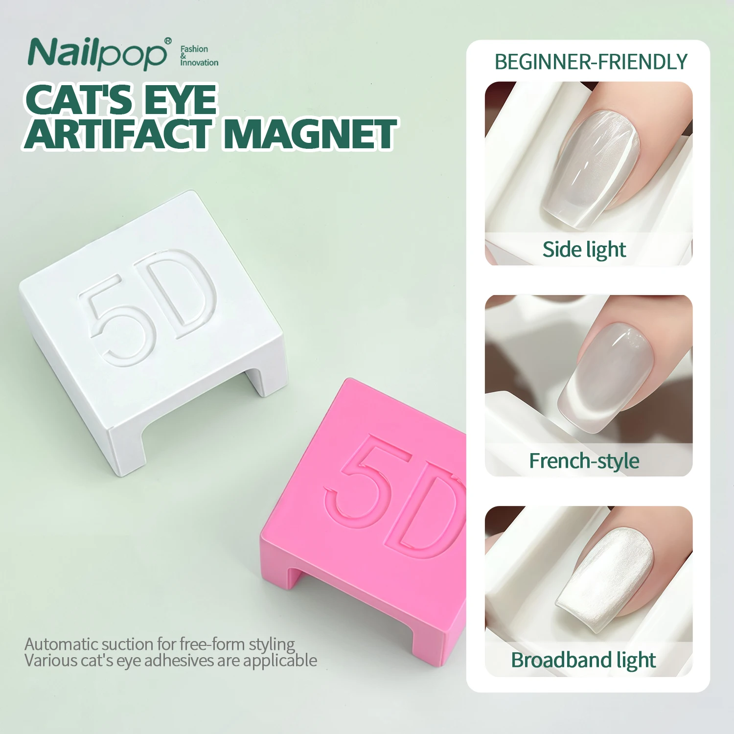 Nailpop 1pc Cat Eye Magneet Wit/Roze Voor Gel Nagellak Nail Art Tool Creëer Franse Brede Smalle Kant Cat Eye Effecten Beginners