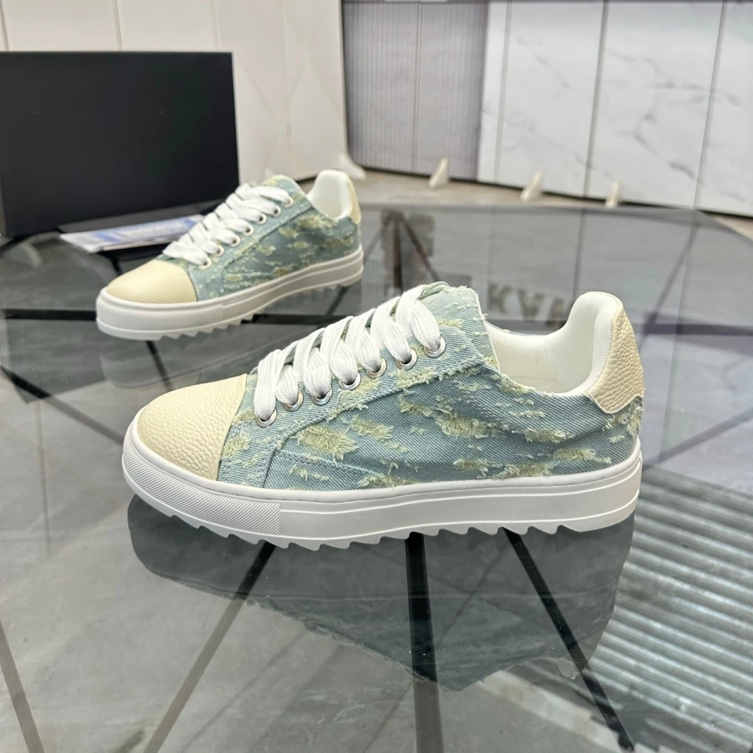 Luxury Unisex Distressed Denim Casual Sneakers Mixed Toe Cap Lace‑up Thick Serrated Sole Skate Board Shoes Walking Footwear