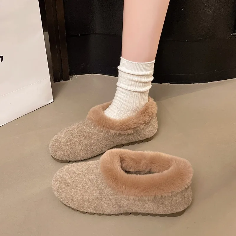 

Модные женские балетки на меху с острым носком на плоской подошве, зимние теплые плюшевые лоферы на мелком каблуке, женские лаконичные модельные туфли на меху, Zapatos Mujer