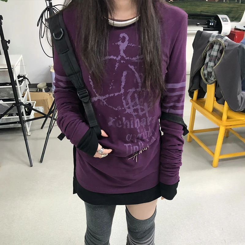 Karrram Japanese Y2k Letter Print T-shirt Grunge 2000s Style Long T Shirt Vintage Harajuku Long Sleeve Purple Top American Retro image 5