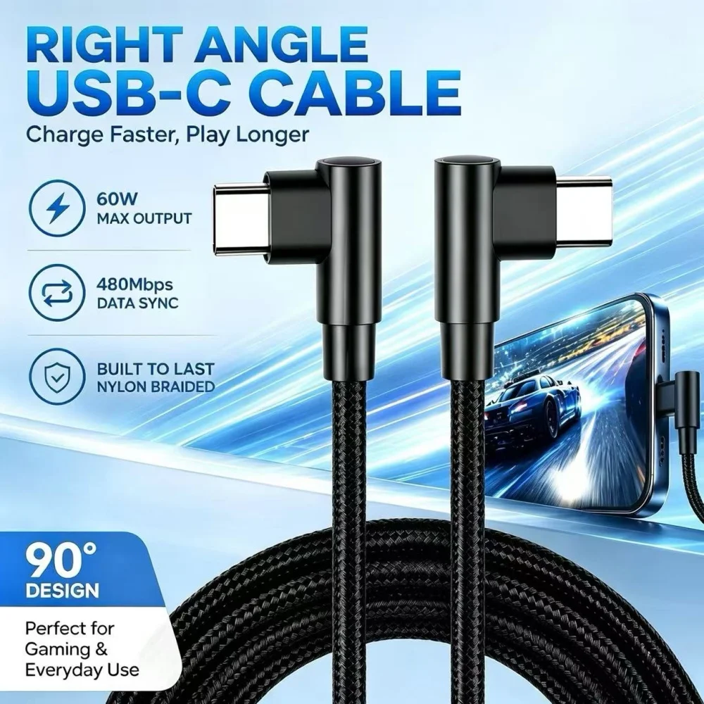 Right Angle USB C to USB C Cable 60W PD Fast Charging 90° Nylon Braided Type C Cord iPhone 16/17 Samsung Laptop Tablet Gaming