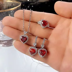 Fashionable Ocean Heart Pendant Necklace Women's Earrings Ring Blue and Red Crystal Heart-Shaped Jewelry Three-piece Set