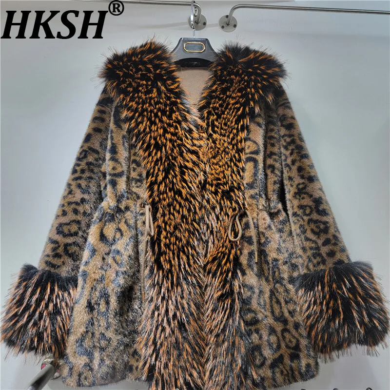 

HKSH 2025 Winter New Women's Faux Fur Coat Leopard Printed Turn-down Collar Drawstring Waist Streetwear Tide Warm Jacket HK14809
