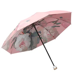 2024 New Sunny Rain Umbrella for Women Sunscreen Floral Sunshade HibiscusTriple Folding Umbrella Outdoor Travel Beach Umbrella