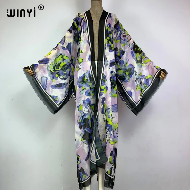 WINYI-kimono con estampado de verano para mujer, caftán de playa elegante, cárdigan sexy, abrigo africano, trajes de playa, Vestido largo de plumón, 2023