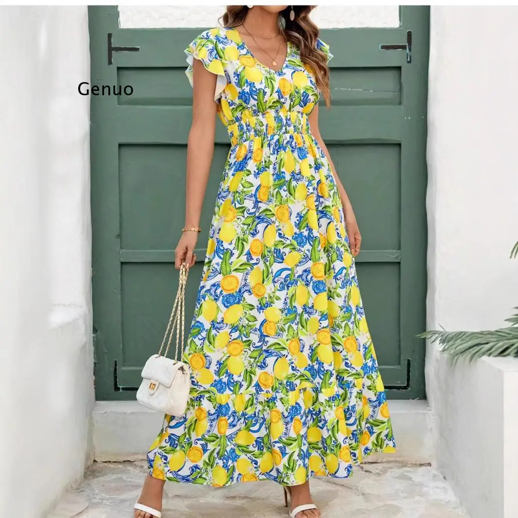 2026 Neue Damenmode Zitronen-Print Maxikleid Lässiges Ärmelloses Kleid für den Täglichen Arbeitsweg
