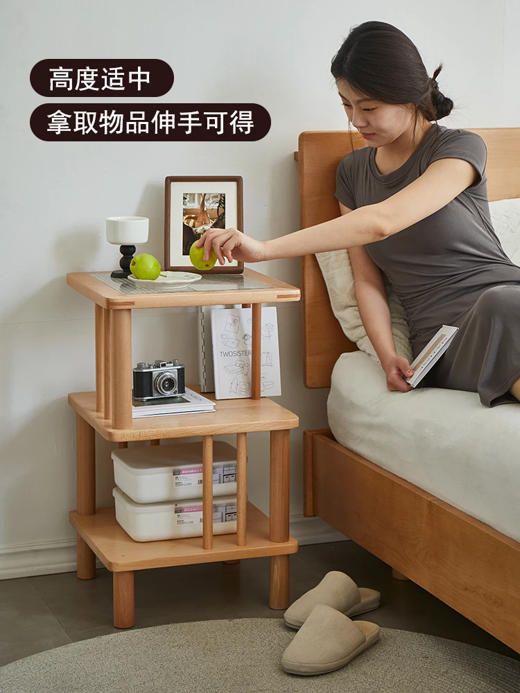 Multi story floor to ceiling storage rack at the bedside, all solid wood living room, mini coffee table, sofa, minimalist storag