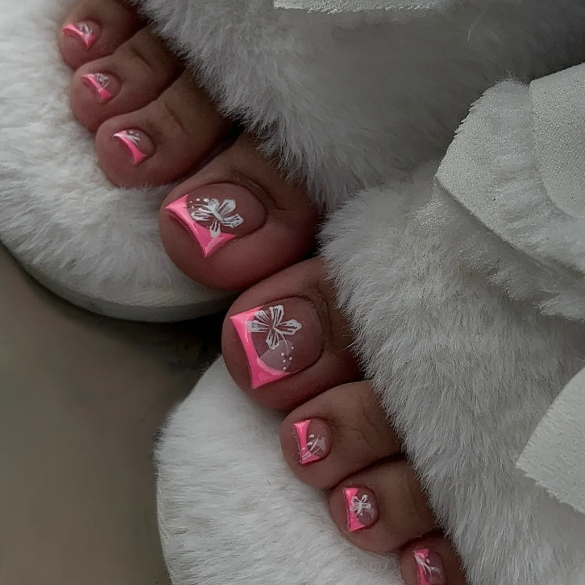 

24pcs French White Press-On Toe Nails - Frosted Pink Edge Design Multi-Size False Pedicure Set False Toenails For Women
